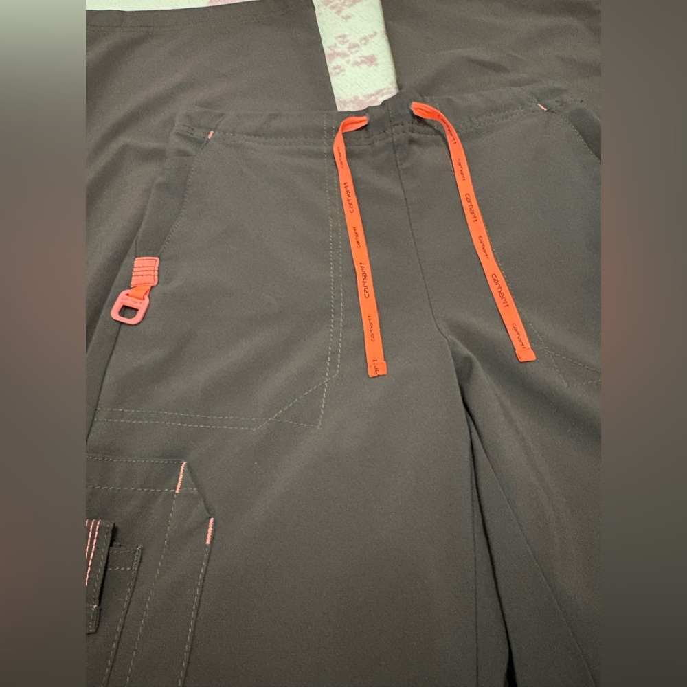 Carhartt Force Dark Brown Cargo Scrub Pants with Bright Orange Drawstring XS - Picture 2 of 11